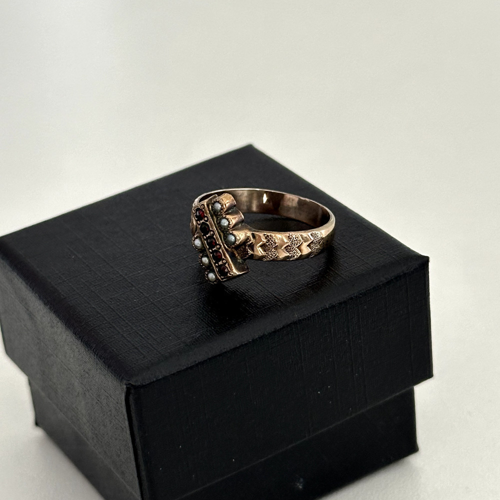 Antique Victorian 14K Yellow Gold Garnet & Seed Pearl Ring Size 6 - Picture 12 of 12